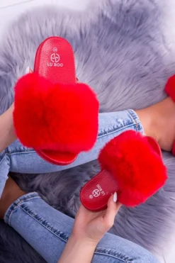 Klapki Z Futerkiem|Klapki Damskie Klasyczne>Boto Lu Boo Czerwone Damskie Klapki Z Futerkiem FUR XXL