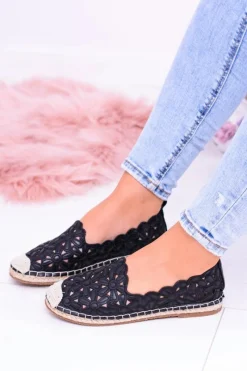 Czarne Espadryle>Boto Lu Boo Damskie Baleriny Czarne Espadryle w Kwiaty Macarena