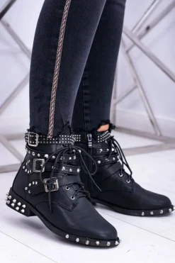 Clearance Lu Boo Damskie Botki Verona Z Ćwiekami Kolce Klamry Rock Damskie Botki Sznurowane|Botki Płaskie