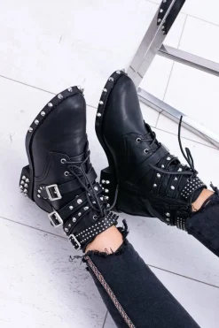 Clearance Lu Boo Damskie Botki Verona Z Ćwiekami Kolce Klamry Rock Damskie Botki Sznurowane|Botki Płaskie