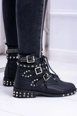 Clearance Lu Boo Damskie Botki Verona Z Ćwiekami Kolce Klamry Rock Damskie Botki Sznurowane|Botki Płaskie