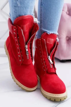 Lu Boo Damskie Czerwone Zamszowe Timberki Trapery Suwaki Nancy Damskie Damskie Trapery|Czarne Botki