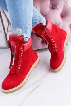 Lu Boo Damskie Czerwone Zamszowe Timberki Trapery Suwaki Nancy Damskie Damskie Trapery|Czarne Botki