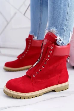 Lu Boo Damskie Czerwone Zamszowe Timberki Trapery Suwaki Nancy Damskie Damskie Trapery|Czarne Botki