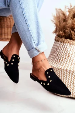 Outlet Lu Boo Damskie Klapki Czarne Zamszowe Seniorita Damskie Klapki Damskie Klasyczne