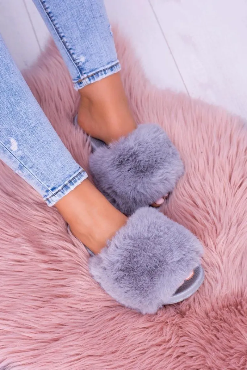 Sale Lu Boo Damskie Klapki Z Futerkiem Szare Fur XXL Damskie Klapki Z Futerkiem|Klapki Damskie Klasyczne