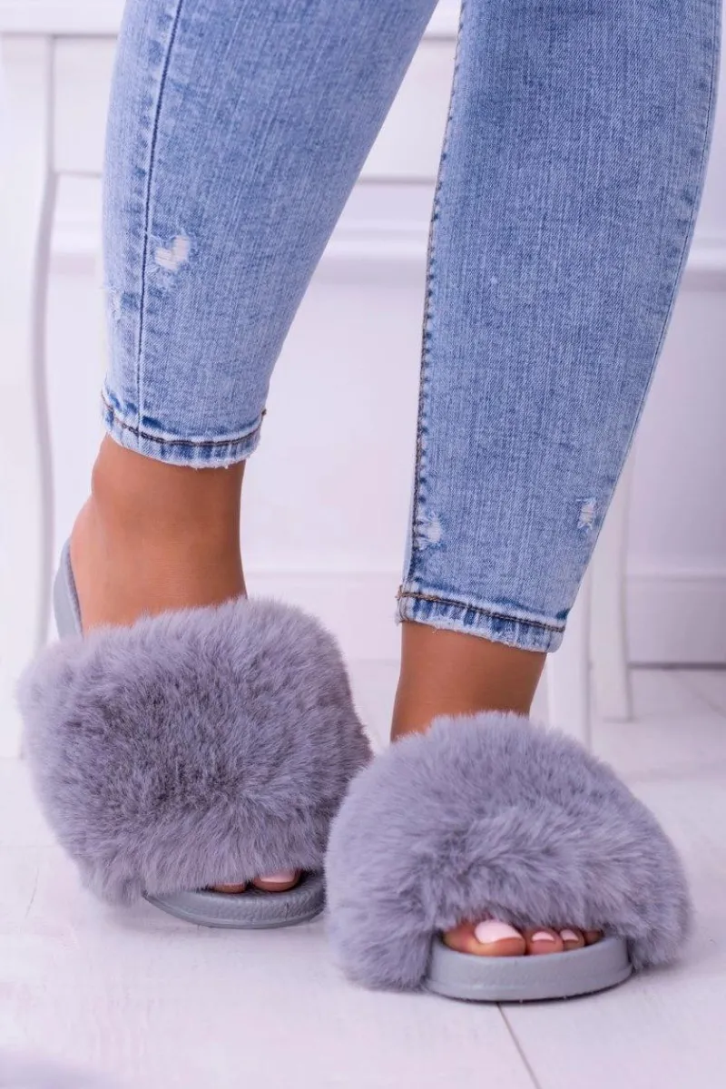 Sale Lu Boo Damskie Klapki Z Futerkiem Szare Fur XXL Damskie Klapki Z Futerkiem|Klapki Damskie Klasyczne