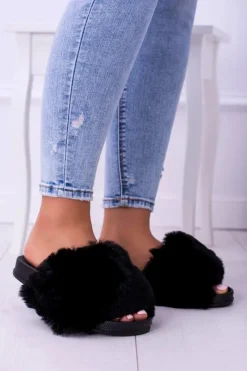 Boto Lu Boo Damskie Klapki Z Futerkiem Czarne Fur XXL