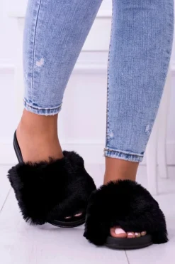 Boto Lu Boo Damskie Klapki Z Futerkiem Czarne Fur XXL