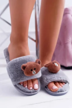 Klapki Damskie Klasyczne>Boto Lu Boo Damskie Szare Pluszowe Klapki Z Misiem Teddy