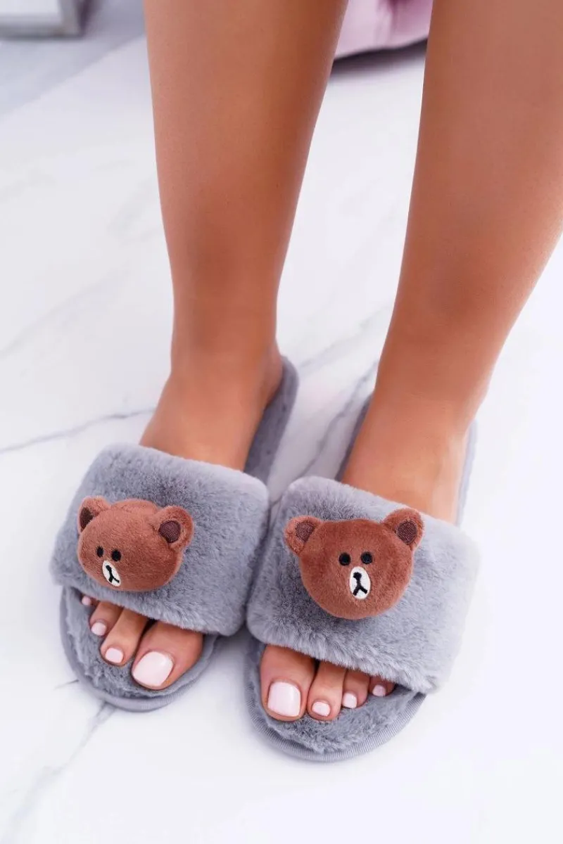 Klapki Damskie Klasyczne>Boto Lu Boo Damskie Szare Pluszowe Klapki Z Misiem Teddy