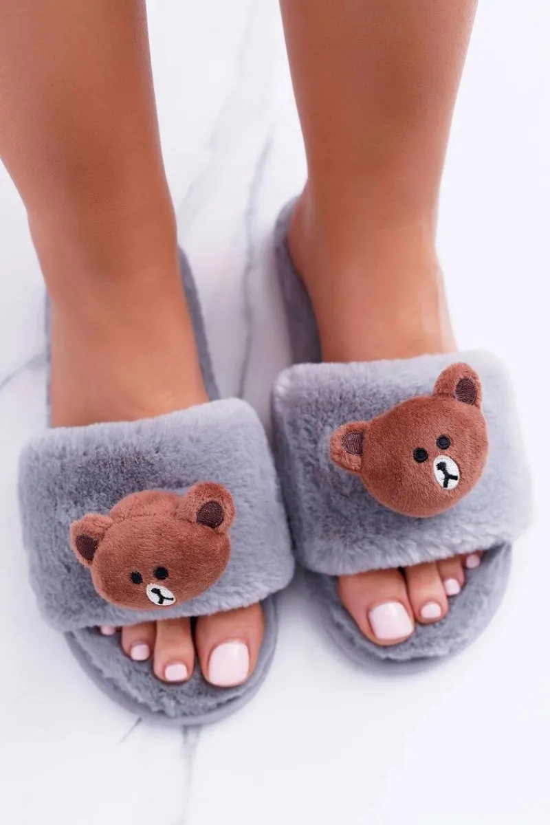 Klapki Damskie Klasyczne>Boto Lu Boo Damskie Szare Pluszowe Klapki Z Misiem Teddy