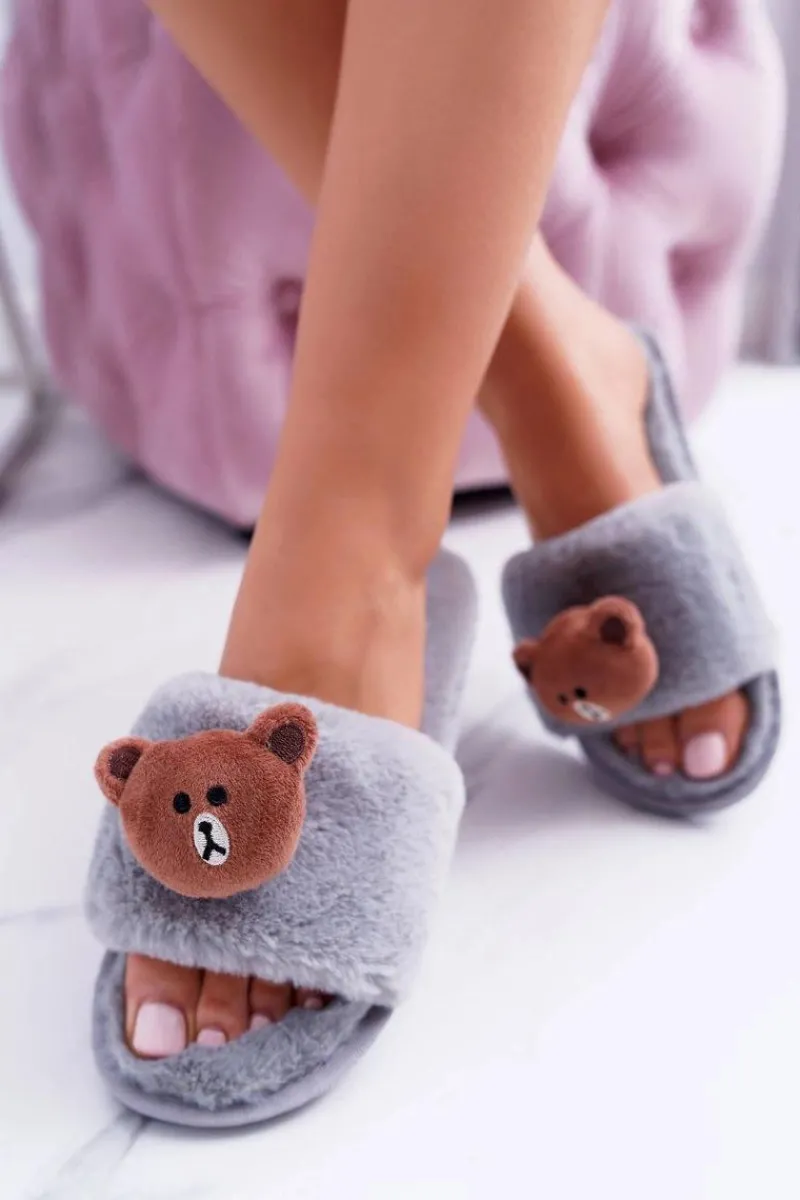Klapki Damskie Klasyczne>Boto Lu Boo Damskie Szare Pluszowe Klapki Z Misiem Teddy
