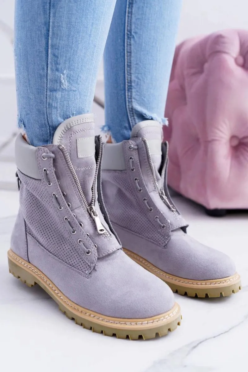 Clearance Boto Lu Boo Damskie Szare Zamszowe Timberki Trapery Suwaki Nancy