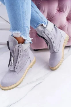 Clearance Boto Lu Boo Damskie Szare Zamszowe Timberki Trapery Suwaki Nancy