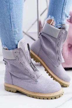 Clearance Boto Lu Boo Damskie Szare Zamszowe Timberki Trapery Suwaki Nancy