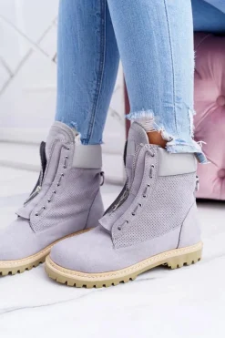 Clearance Boto Lu Boo Damskie Szare Zamszowe Timberki Trapery Suwaki Nancy