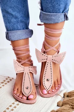 Sale Boto Lu Boo Damskie Wiązane Sandały Japonki Pudrowy Róż Mara