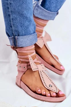 Sale Boto Lu Boo Damskie Wiązane Sandały Japonki Pudrowy Róż Mara