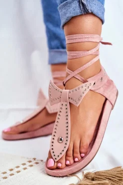 Sale Boto Lu Boo Damskie Wiązane Sandały Japonki Pudrowy Róż Mara