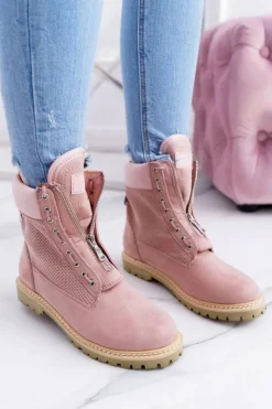 Damskie Trapery|Czarne Botki>Boto Lu Boo Damskie Zamszowe Timberki Pudrowy Róż Trapery Suwaki Nancy