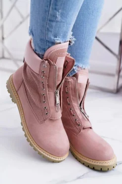 Damskie Trapery|Czarne Botki>Boto Lu Boo Damskie Zamszowe Timberki Pudrowy Róż Trapery Suwaki Nancy