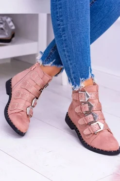 Outlet Boto Lu Boo Różowe Botki Virginia Rock Star Nity Klamry Zamsz