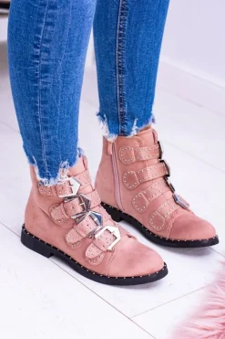 Outlet Boto Lu Boo Różowe Botki Virginia Rock Star Nity Klamry Zamsz