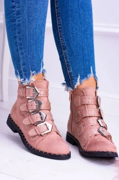 Outlet Boto Lu Boo Różowe Botki Virginia Rock Star Nity Klamry Zamsz