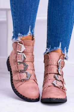 Outlet Boto Lu Boo Różowe Botki Virginia Rock Star Nity Klamry Zamsz