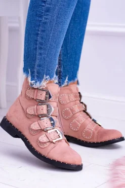 Outlet Boto Lu Boo Różowe Botki Virginia Rock Star Nity Klamry Zamsz