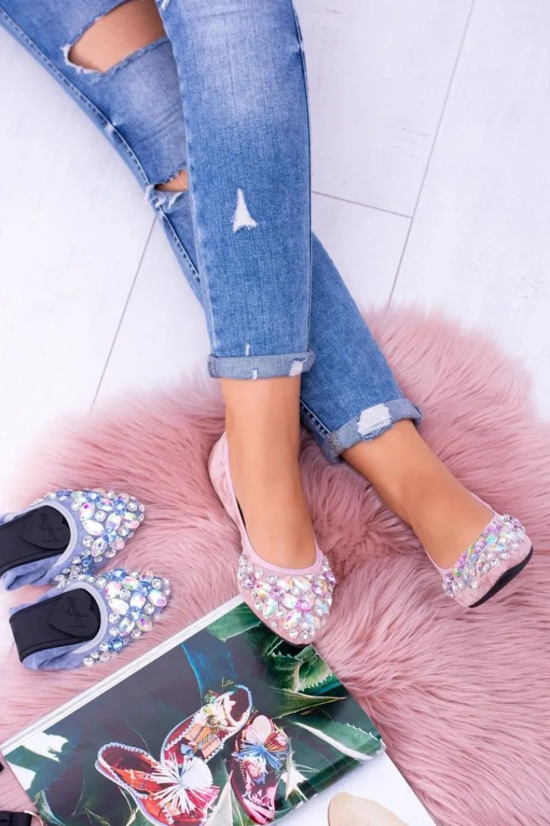 Baleriny Klasyczne>Boto Lu Boo Różowe Zamszowe Balerinki na Gumce Kamienie Even