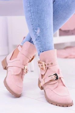 Botki Płaskie>Boto Lu Boo Różowe Zamszowe Botki Z Wycięciami Rock Girl