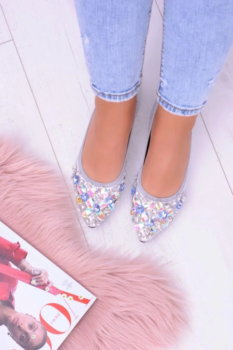 Baleriny Klasyczne>Boto Lu Boo Srebrne Balerinki na Gumce Kamienie Even