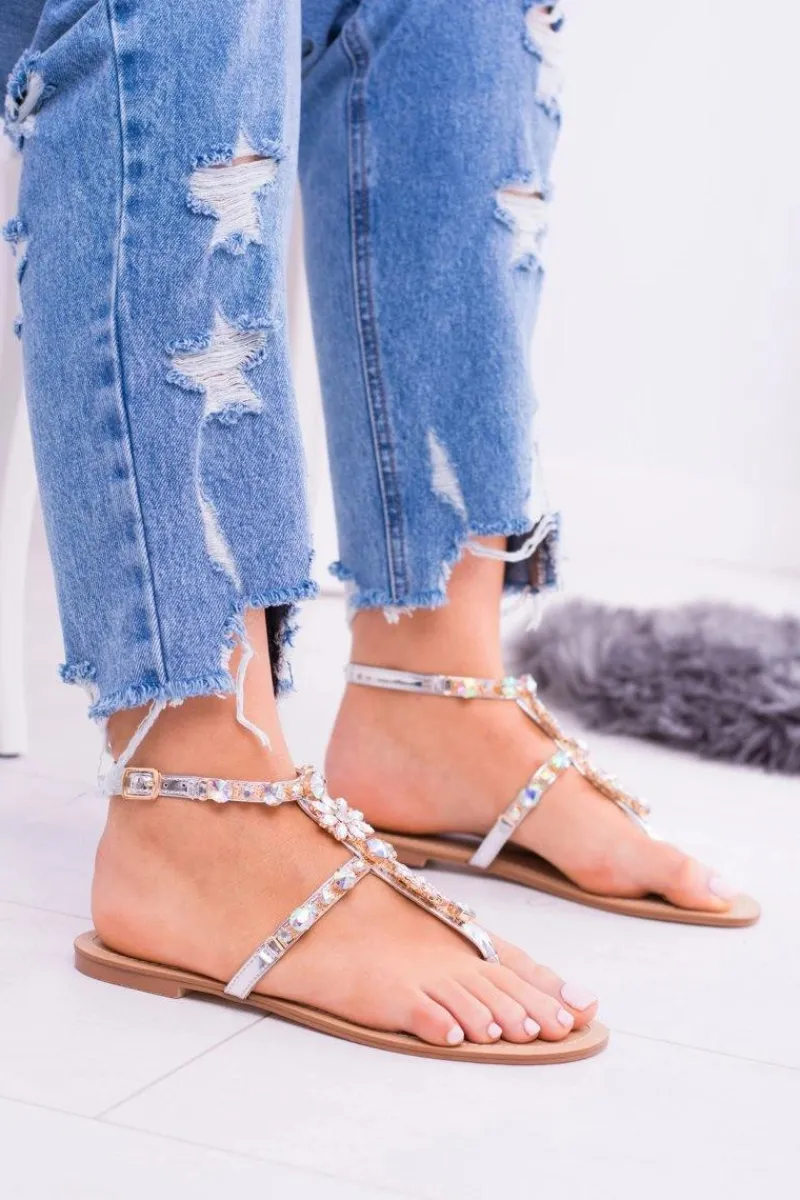 Sandały Płaskie>Boto Lu Boo Srebrne Damskie Sandałki Z Cyrkoniami Venice