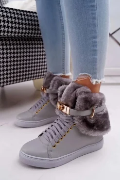Botki Na Koturnie|Botki Sznurowane>Boto Lu Boo Szare Botki z Futerkiem Gisele