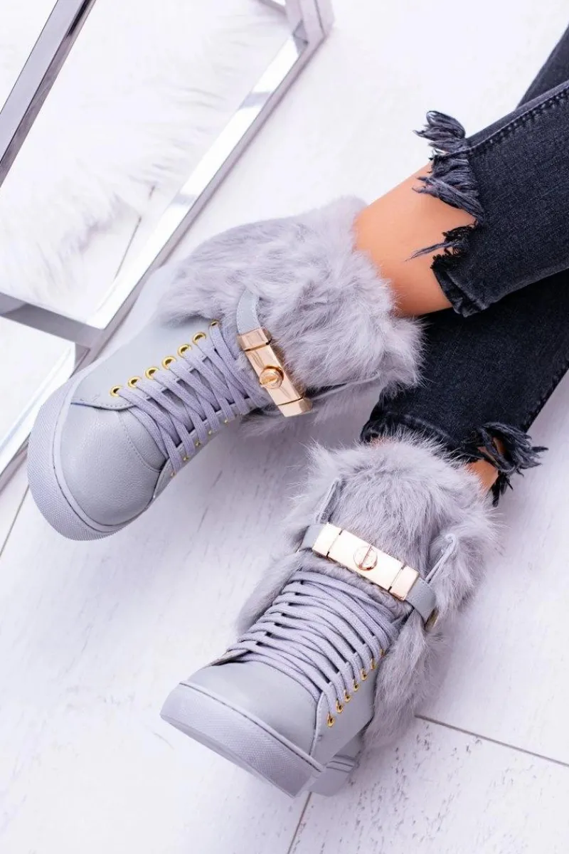 Botki Na Koturnie|Botki Sznurowane>Boto Lu Boo Szare Botki z Naturalnym Futrem Gisele