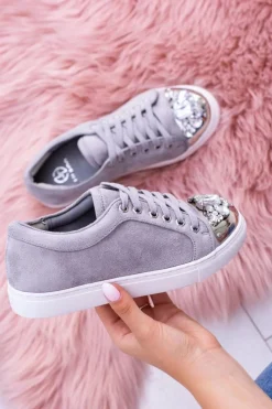 Trampki Damskie Niskie>Boto Lu Boo Szare Trampki z Błyszczącymi Kryształami