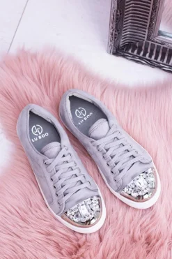 Trampki Damskie Niskie></noscript>Boto Lu Boo Szare Trampki z Błyszczącymi Kryształami