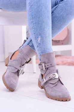 New Lu Boo Szare Zamszowe Botki Z Wycięciami Rock Girl Damskie Botki Płaskie