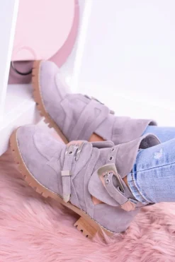 New Lu Boo Szare Zamszowe Botki Z Wycięciami Rock Girl Damskie Botki Płaskie