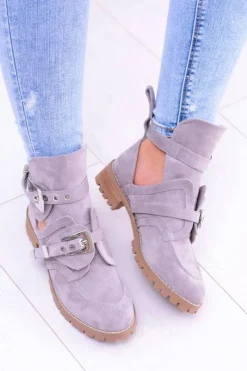 New Lu Boo Szare Zamszowe Botki Z Wycięciami Rock Girl Damskie Botki Płaskie