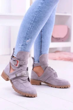New Lu Boo Szare Zamszowe Botki Z Wycięciami Rock Girl Damskie Botki Płaskie