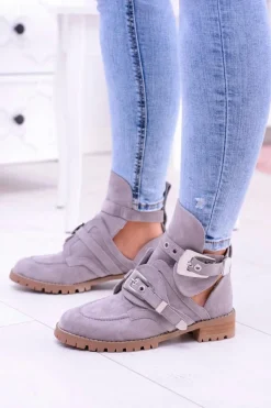 New Lu Boo Szare Zamszowe Botki Z Wycięciami Rock Girl Damskie Botki Płaskie