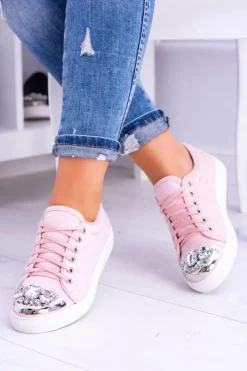 Discount Lu Boo Trampki z Błyszczącymi Kryształami Pudrowy Róż Damskie Trampki Damskie Niskie