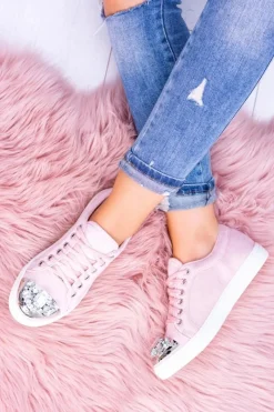 Discount Lu Boo Trampki z Błyszczącymi Kryształami Pudrowy Róż Damskie Trampki Damskie Niskie