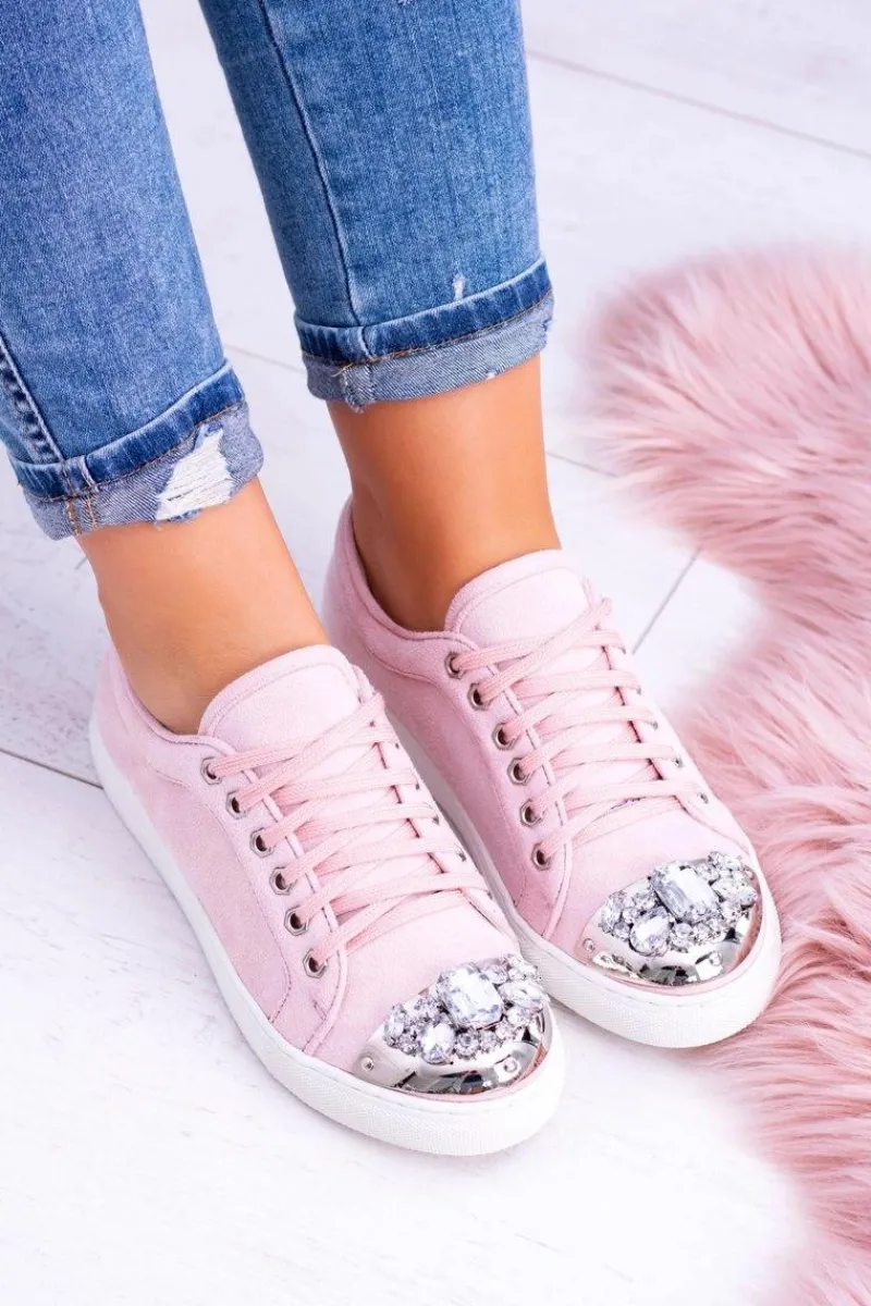 Discount Lu Boo Trampki z Błyszczącymi Kryształami Pudrowy Róż Damskie Trampki Damskie Niskie