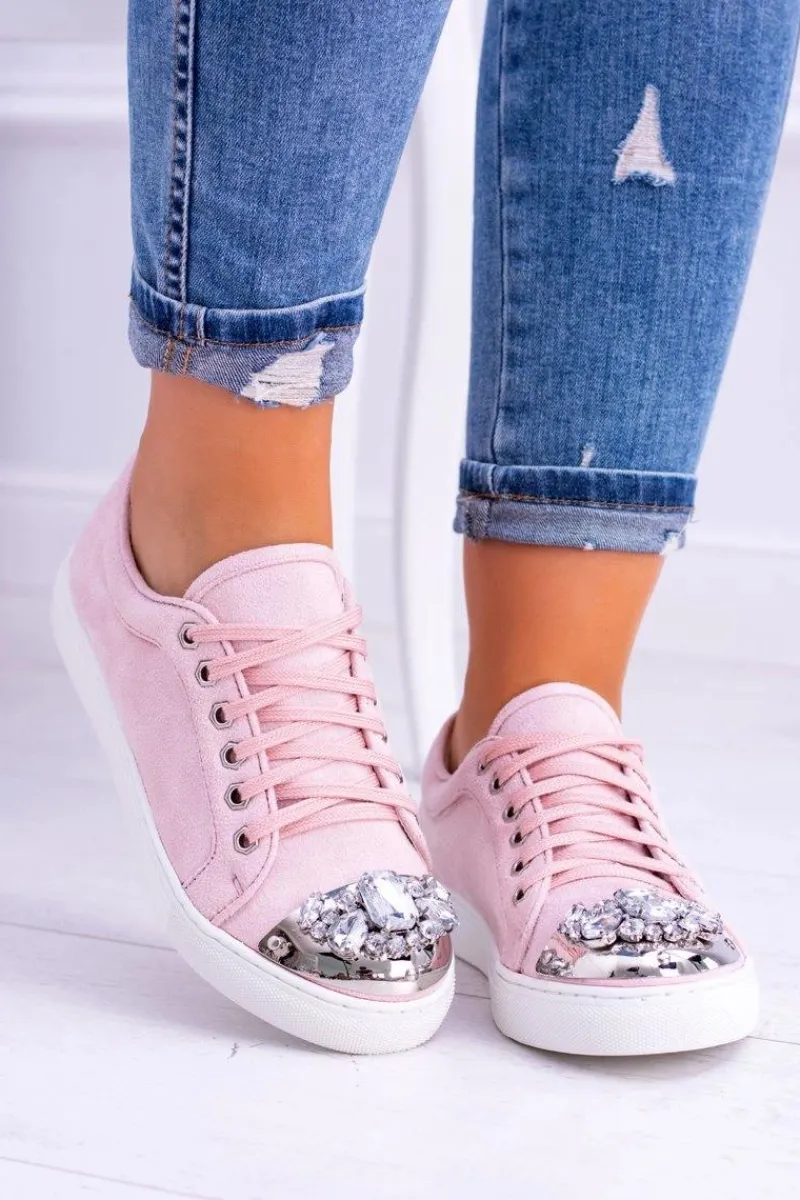 Discount Lu Boo Trampki z Błyszczącymi Kryształami Pudrowy Róż Damskie Trampki Damskie Niskie