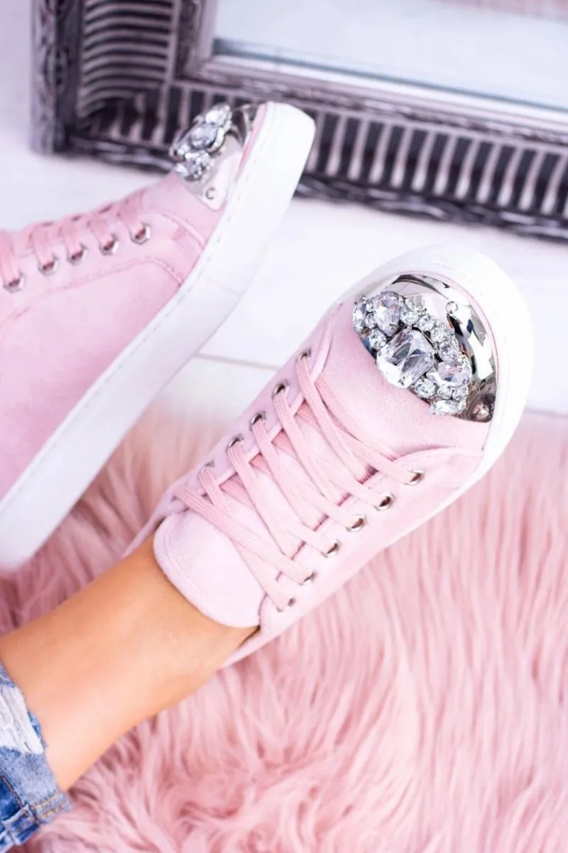 Discount Lu Boo Trampki z Błyszczącymi Kryształami Pudrowy Róż Damskie Trampki Damskie Niskie