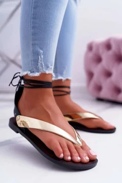 Sale Lu Boo Wiązane Złote Lustrzane Sandały Japonki Florence Damskie Sandały Płaskie|Sandały Gumowe